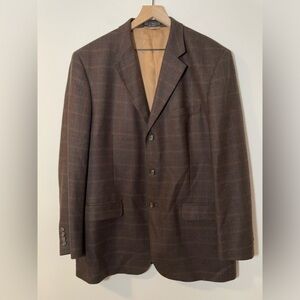 Haspel Brown 100% Lambswool Mens Suit Jacket Size 44 Long 3 Button Subtle Plaid